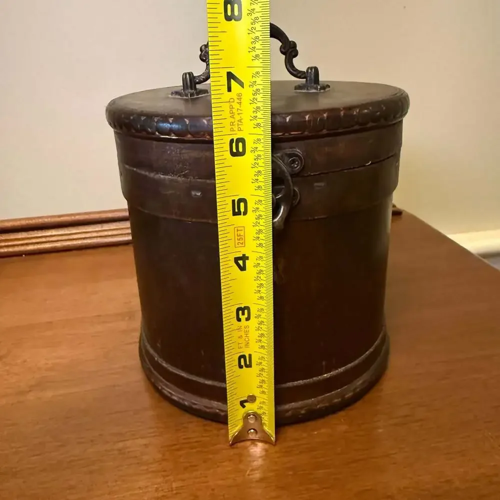 Round Wooden Storage Box with Metal Accents